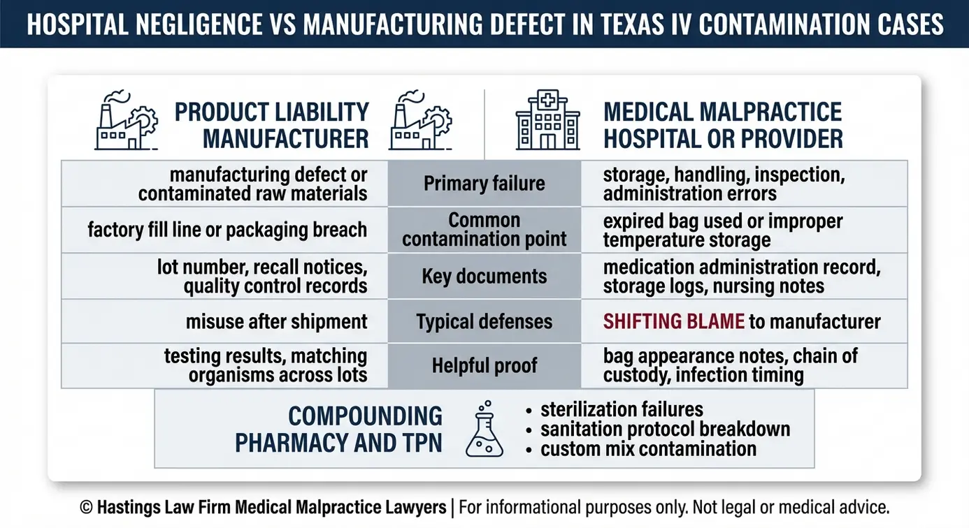 Tabla comparativa en la que se explican las teorías de negligencia hospitalaria frente a las de defecto de fabricación, utilizadas por un abogado especializado en casos de contaminación de líquidos intravenosos Texas en demandas por infecciones causadas por líquidos intravenosos contaminados.