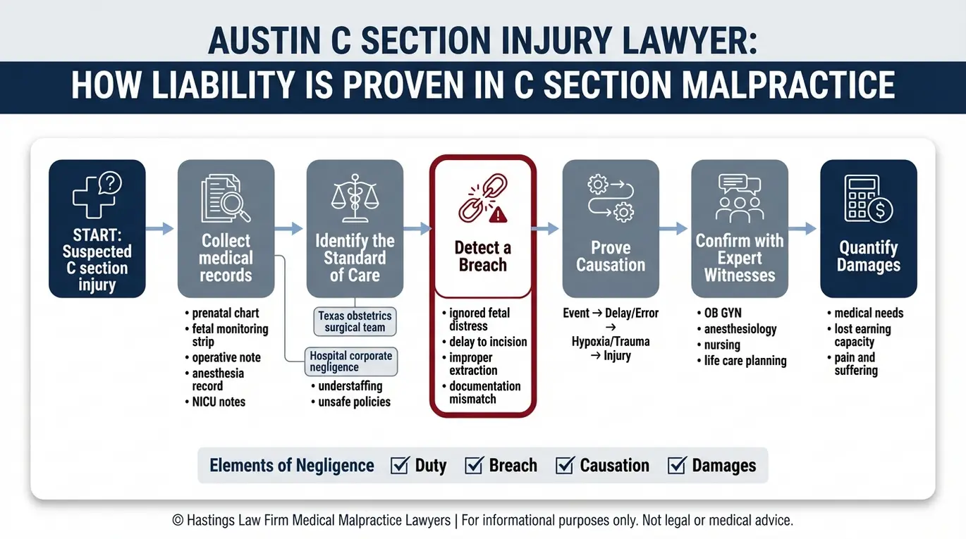Diagrama de flujo elaborado por un abogado especializado en lesiones por cesáreas de Austin que explica cómo se demuestra la responsabilidad por negligencia médica en una cesárea mediante historiales médicos, el incumplimiento del estándar de atención, la causalidad, los peritos y los daños y perjuicios.