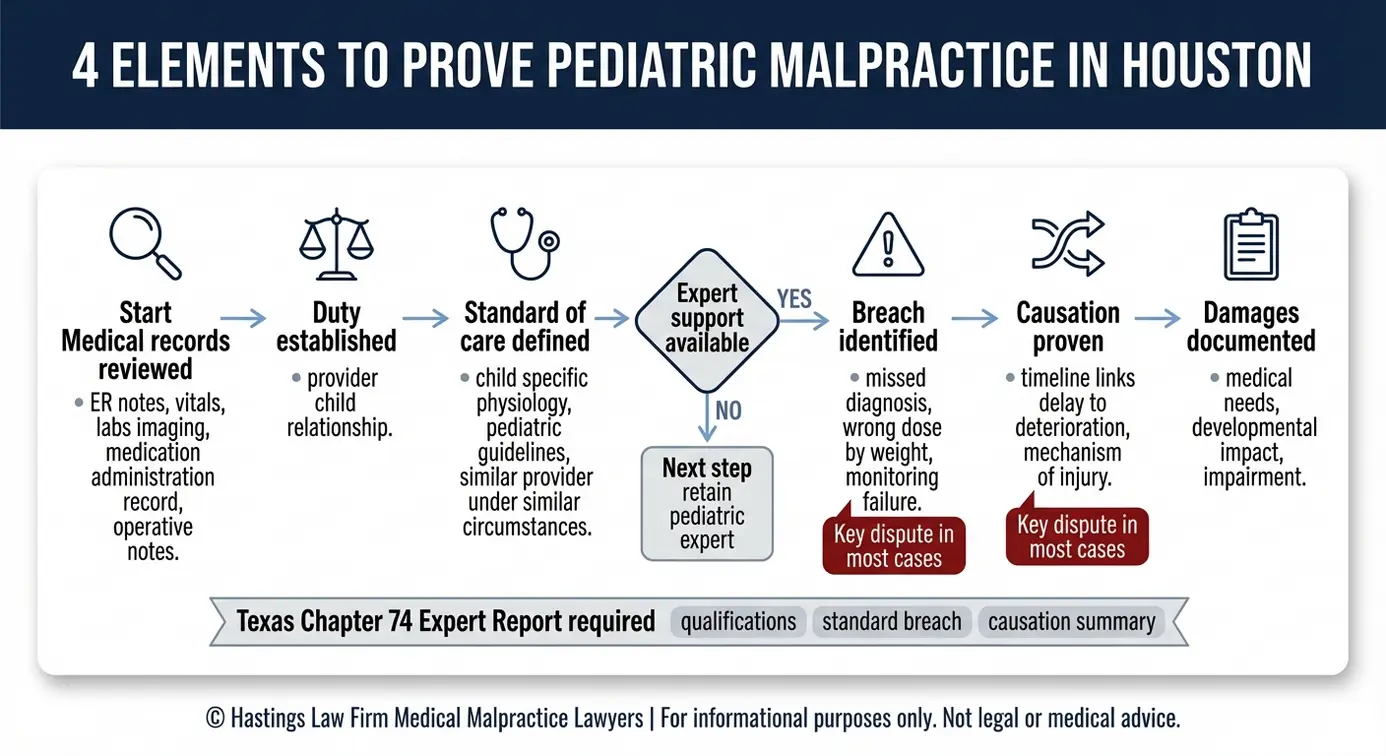Diagrama de flujo que muestra cómo un abogado especializado en negligencia médica pediátrica de Houston determina la responsabilidad civil utilizando el estándar de diligencia, el incumplimiento del deber, la causalidad y los daños y perjuicios, así como el informe pericial del Capítulo 74 de Texas.