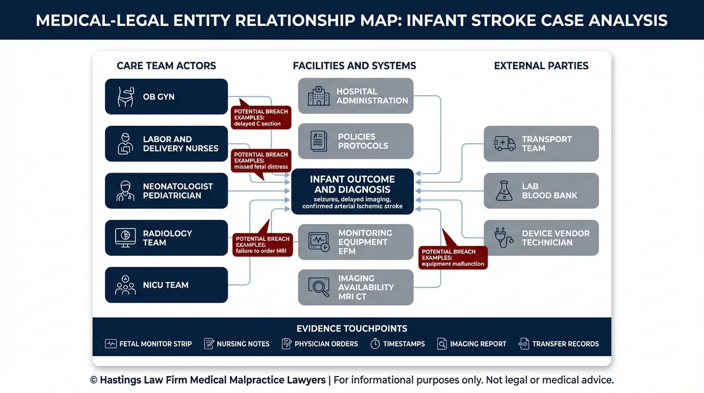 Mapa de entidades que muestra cómo los hospitales, los profesionales médicos y terceros pueden compartir la responsabilidad y la causalidad en una demanda por accidente cerebrovascular en un bebé, dirigida a las familias que buscan un abogado especializado en accidentes cerebrovasculares isquémicos arteriales en bebés en Arizona.