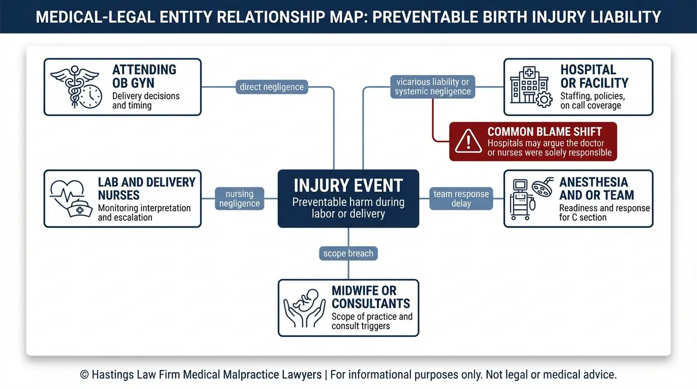 Diagrama de relaciones entre entidades que describe la posible responsabilidad de médicos, enfermeras, el hospital y las parteras en una demanda por negligencia médica relacionada con un parto anormal según el modelo Texas.