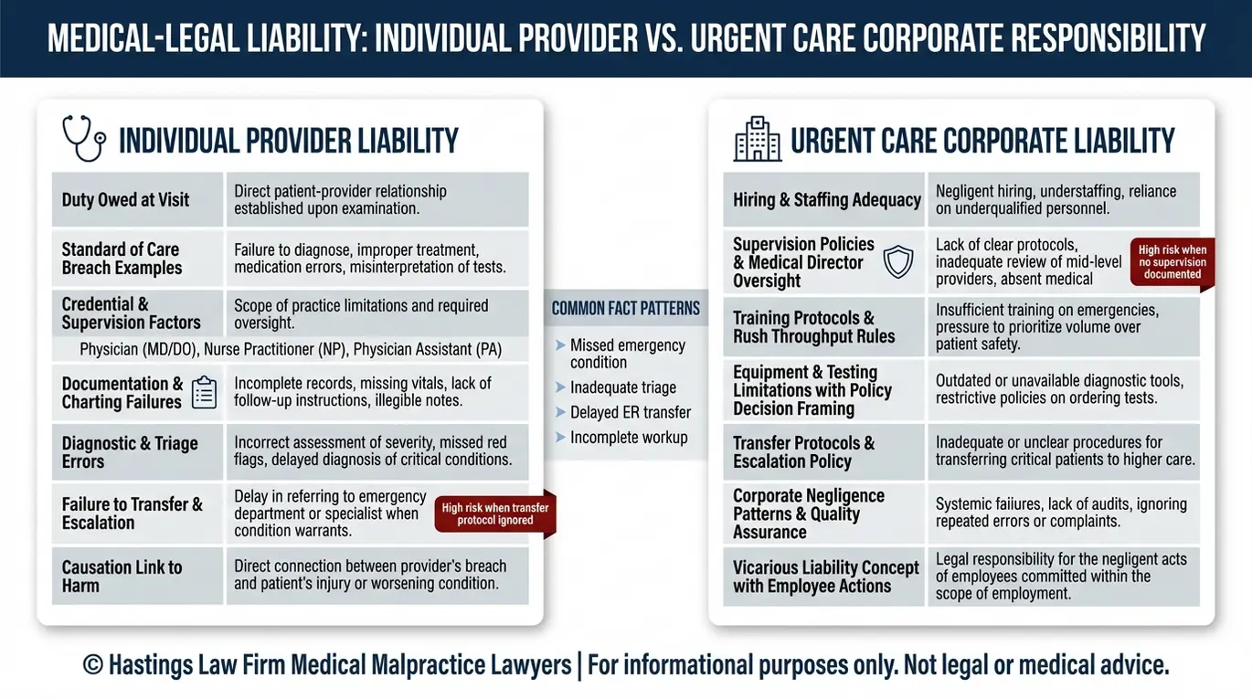 Tabla comparativa que muestra la responsabilidad individual del proveedor frente a la responsabilidad corporativa del centro de urgencias en un caso de negligencia médica en un centro de urgencias Texas, incluyendo fallos en la supervisión, la dotación de personal, los protocolos de traslado y la documentación.