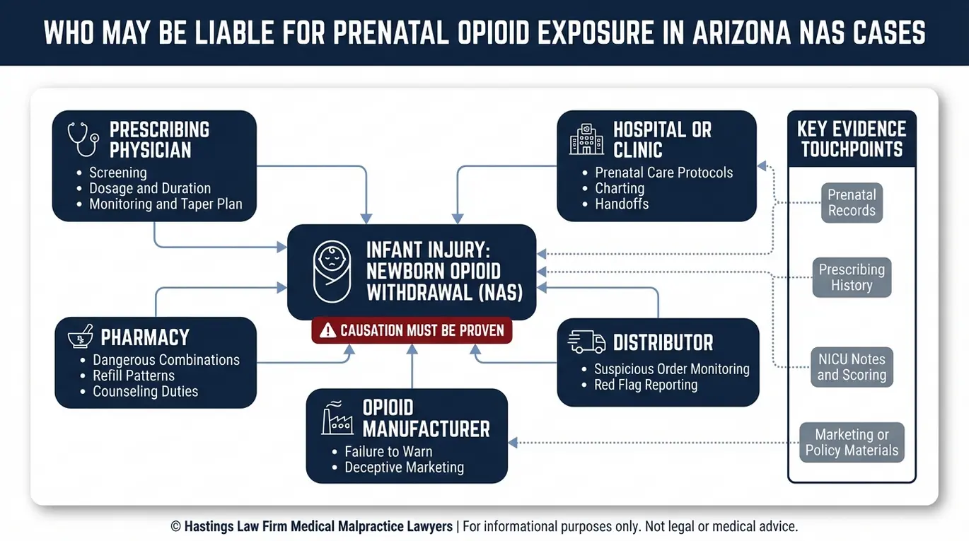 Diagrama de relaciones entre entidades que muestra quiénes pueden ser responsables en un caso de abstinencia de opioides en recién nacidos en Arizona, incluyendo al médico que recetó el medicamento, el hospital, la farmacia, el distribuidor y el fabricante.
