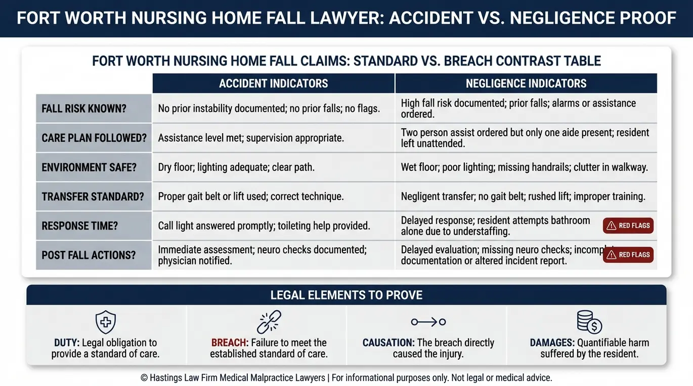 Comparison chart showing accident indicators versus negligence indicators used by a Fort Worth Nursing Home Fall Lawyer to prove duty breach causation and damages.
