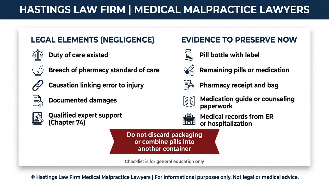 Lista de verificación de precauciones para un abogado especializado en negligencia profesional de farmacéuticos Texas, en la que se describen los elementos de negligencia y las pruebas clave que deben conservarse tras un error de medicación en una farmacia, incluyendo la etiqueta, las pastillas restantes, los recibos y los registros médicos.