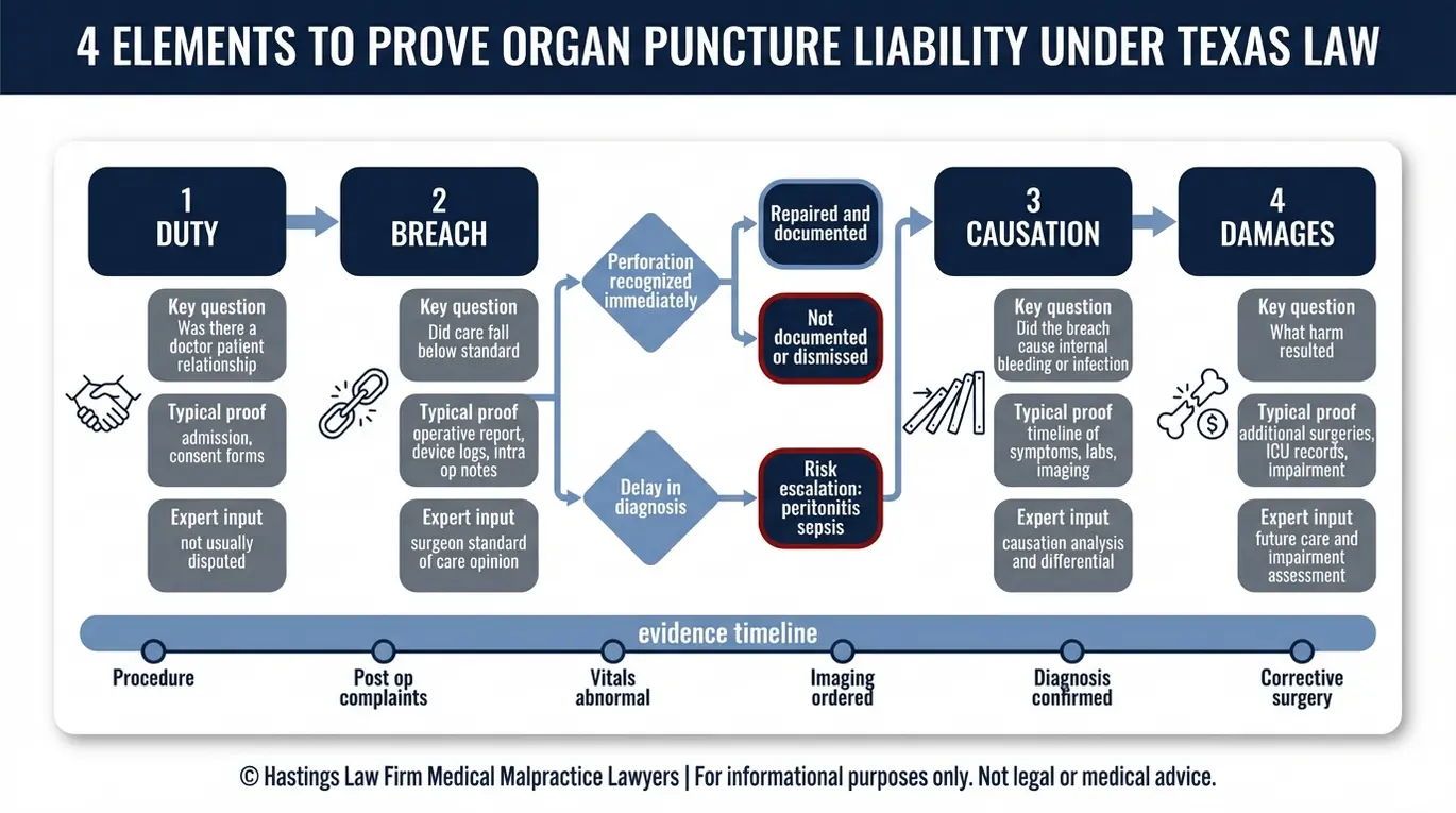 Diagrama de flujo de los cuatro elementos legales y la línea de tiempo de pruebas utilizadas por un Abogado de Perforación o Perforación de Órganos en Austin para probar la causalidad del incumplimiento del deber y los daños después de una perforación quirúrgica.