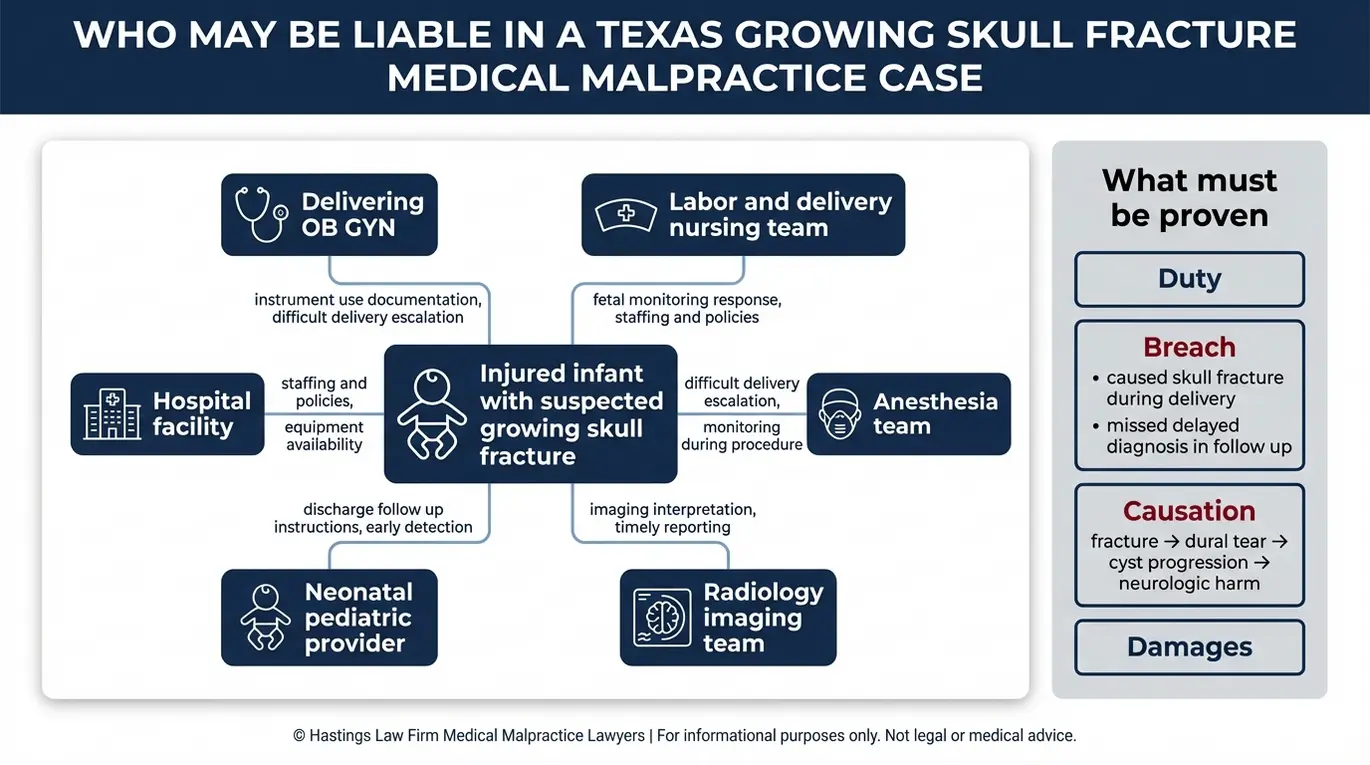 Entity relationship map of potential defendants and proof elements in a Texas infant leptomeningeal cyst lawyer medical malpractice claim.