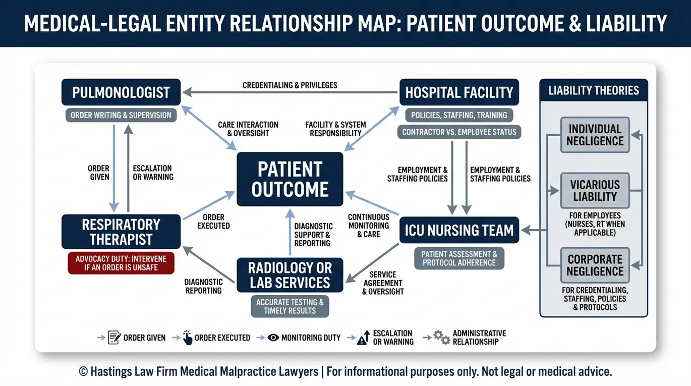Mapa de relaciones entre entidades que muestra los posibles demandados en un caso de Texas Pulmonologist Malpractice Lawyer, incluidos el neumólogo, el terapeuta respiratorio del hospital y el personal de la UCI, con enlaces para negligencia indirecta y negligencia empresarial.