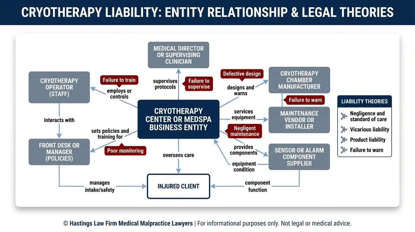 Entity relationship map explaining liability paths in a cryotherapy injury claim for Arizona Cryotherapy Center Malpractice Lawyer review including operator medspa business medical director manufacturer and maintenance vendor roles.
