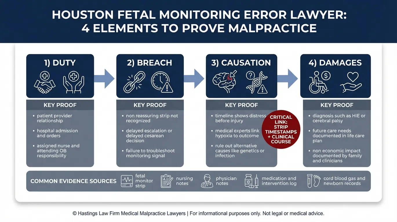 Process flowchart outlining how a Houston Fetal Monitoring Error Lawyer proves duty, breach, causation, and damages using fetal monitor strips, time stamps, clinical records, and expert review.