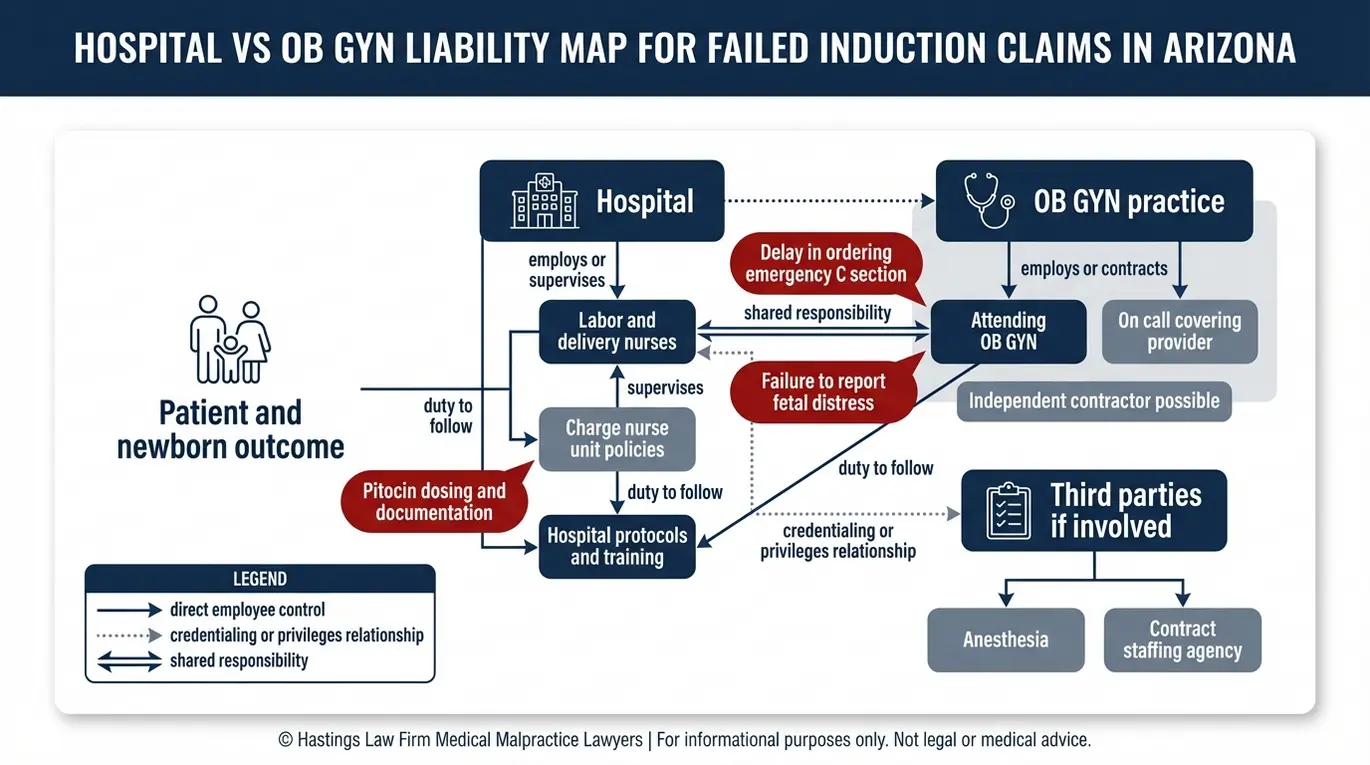 Diagrama de relaciones entre entidades que muestra los vínculos entre el deber de diligencia de los hospitales y los médicos, relevantes para un análisis de responsabilidad civil en un caso de inducción fallida del parto en Arizona.
