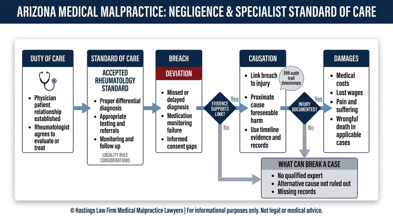 Diagrama de flujo que explica cómo un abogado especializado en negligencia médica reumatológica de Arizona demuestra el incumplimiento del deber de diligencia, la causalidad y los daños y perjuicios, utilizando la regla de la localidad y los criterios de evaluación de las pruebas.
