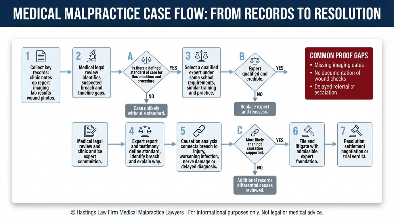 Process flowchart showing how a Texas Podiatrist Malpractice Lawyer proves liability using qualified expert witness testimony standard of care breach causation analysis and expert report decision points.