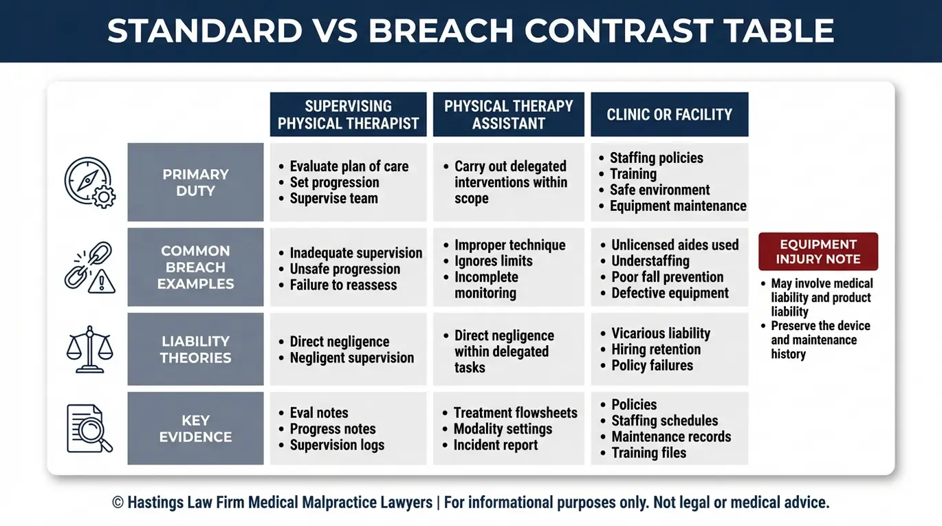 Comparison chart explaining who may be liable in a Texas physical therapist malpractice lawyer claim including supervising physical therapist physical therapy assistant and clinic or facility duties breaches and evidence.