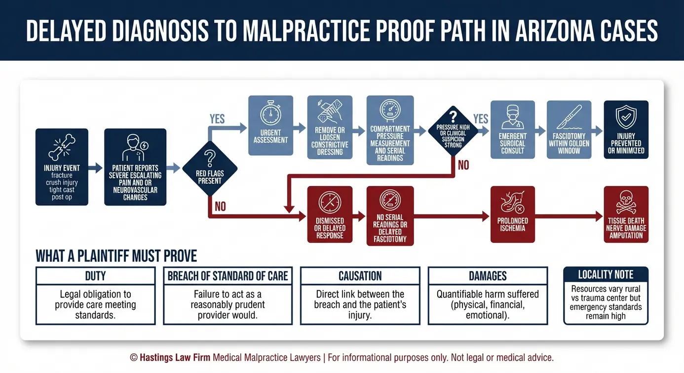 Process flowchart showing standard of care steps and breach causation chain for an Arizona Compartment Syndrome Malpractice Lawyer malpractice proof analysis.