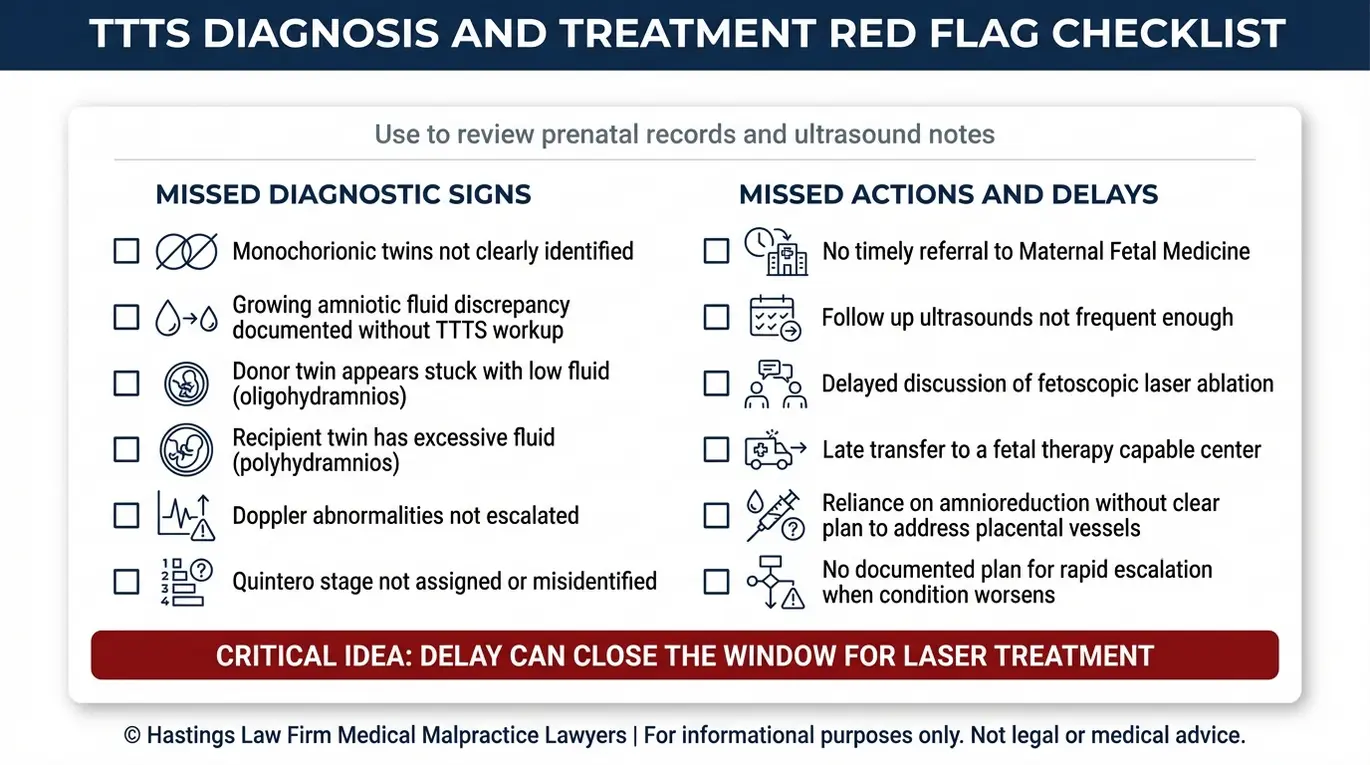 Warning checklist of common Twin to Twin Transfusion Syndrome missed signs on ultrasound and Doppler records and delayed treatment actions relevant to proving negligence for an Arizona Twin-To-Twin Transfusion Syndrome Lawyer review.