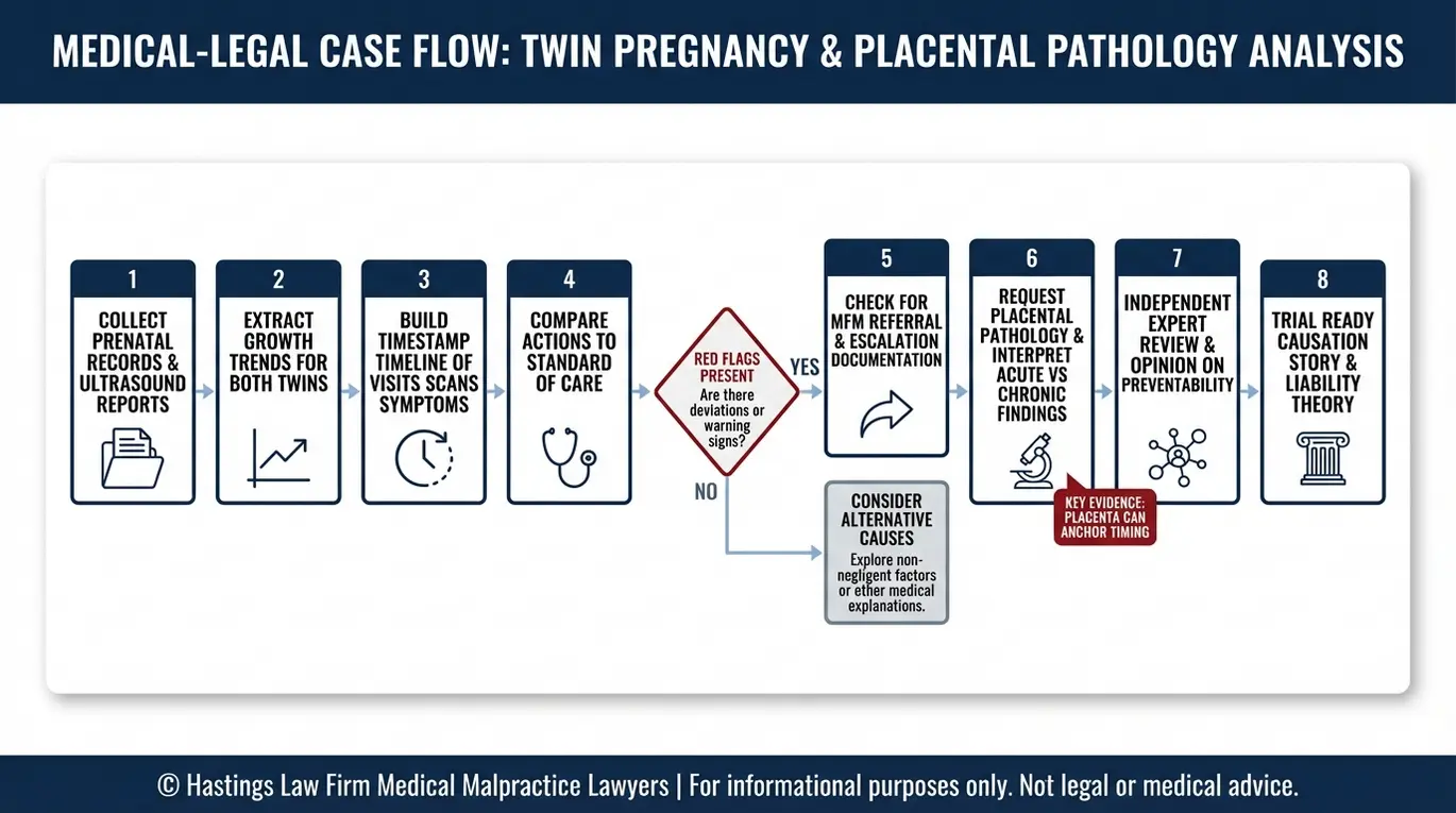 Diagrama de flujo que describe cómo un abogado especializado en negligencia médica relacionada con el crecimiento discordante de gemelos en Arizona investiga los registros, la revisión de un experto en patología placentaria y la relación de causalidad.