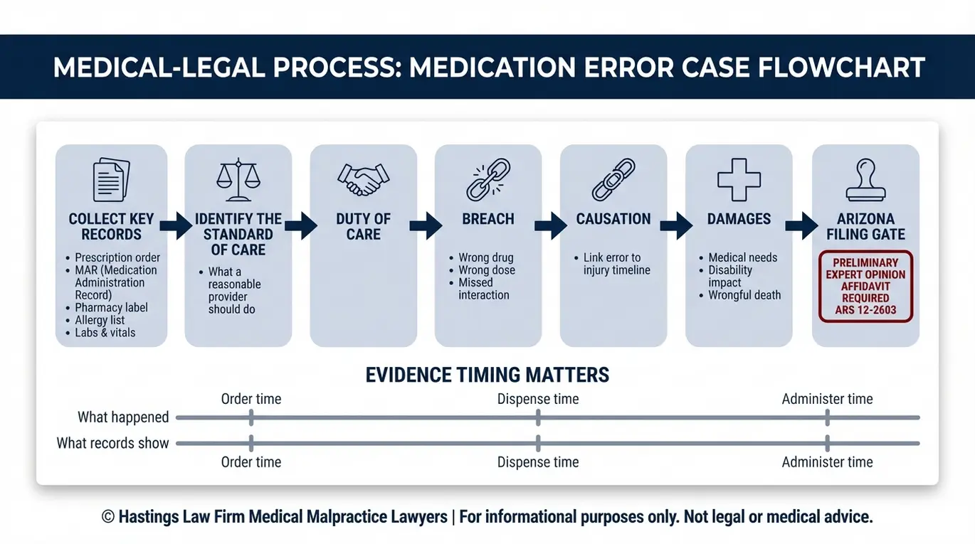 Process flowchart showing how an Arizona Medication Error Lawyer proves duty breach causation and damages and where the preliminary expert opinion affidavit fits in.