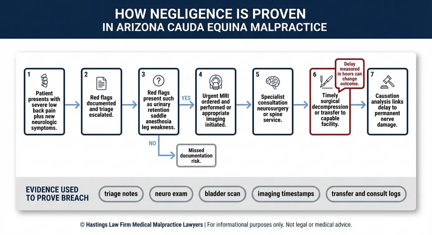 Process flowchart showing how an Arizona Cauda Equina Syndrome Malpractice Lawyer proves breach of standard of care and causation from red flags to MRI and decompression.
