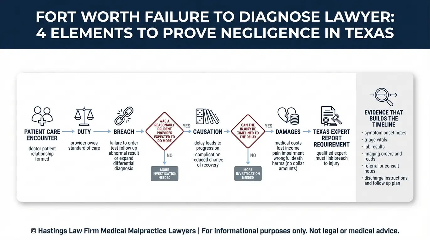 Process flowchart showing how a Fort Worth Failure To Diagnose Lawyer proves duty breach causation damages and Texas expert report requirements in a medical negligence case.