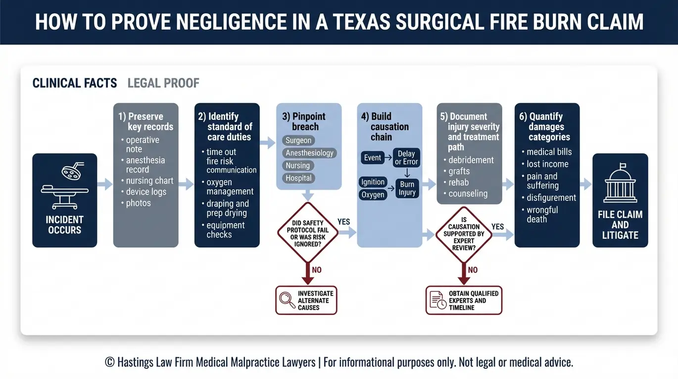 Diagrama de flujo que describe cómo un abogado especializado en quemaduras de Texas demuestra la negligencia mediante el incumplimiento del estándar de atención, la causalidad, la recopilación de pruebas y la documentación de los daños.
