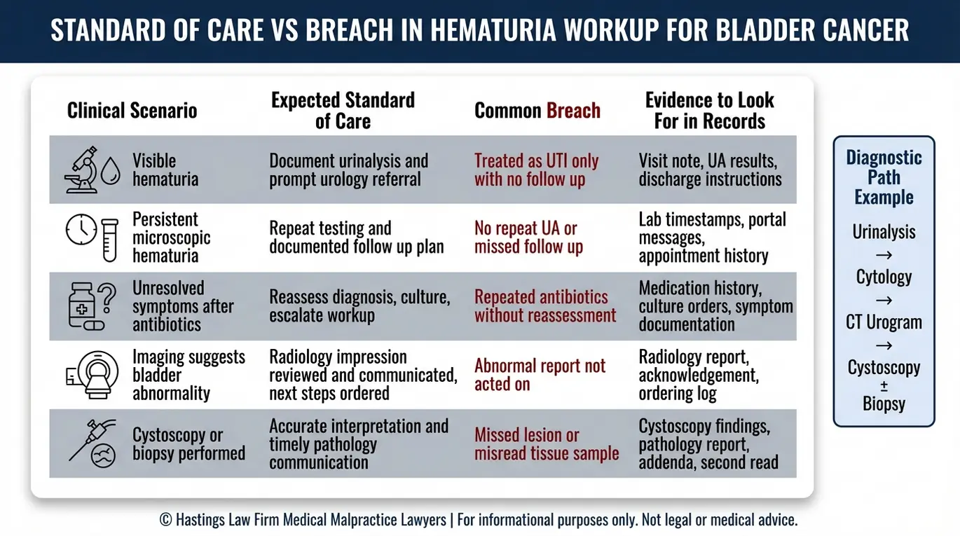 Tabla comparativa que muestra el estándar de atención frente a las incumplimientos en el estudio de la hematuria y las pruebas clave de los registros médicos en el análisis de un caso de un abogado especializado en diagnósticos erróneos de cáncer de vejiga en Arizona.