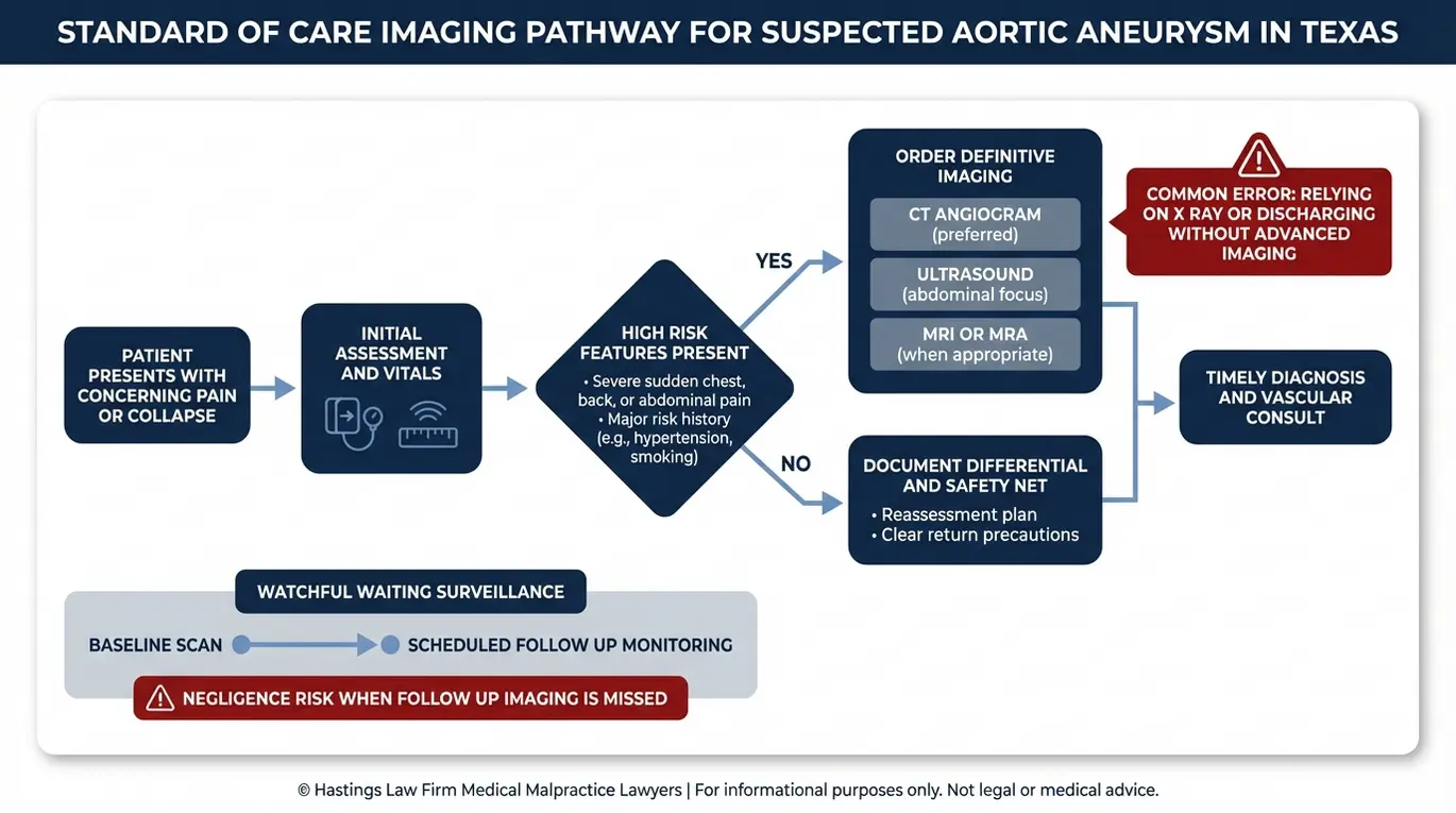 Diagrama de flujo que muestra los pasos de las pruebas diagnósticas según el estándar de atención en casos de sospecha de aneurisma, así como los puntos en los que se producen fallos relevantes para la revisión de una demanda por diagnóstico erróneo de aneurisma aórtico en el marco del caso Texas.