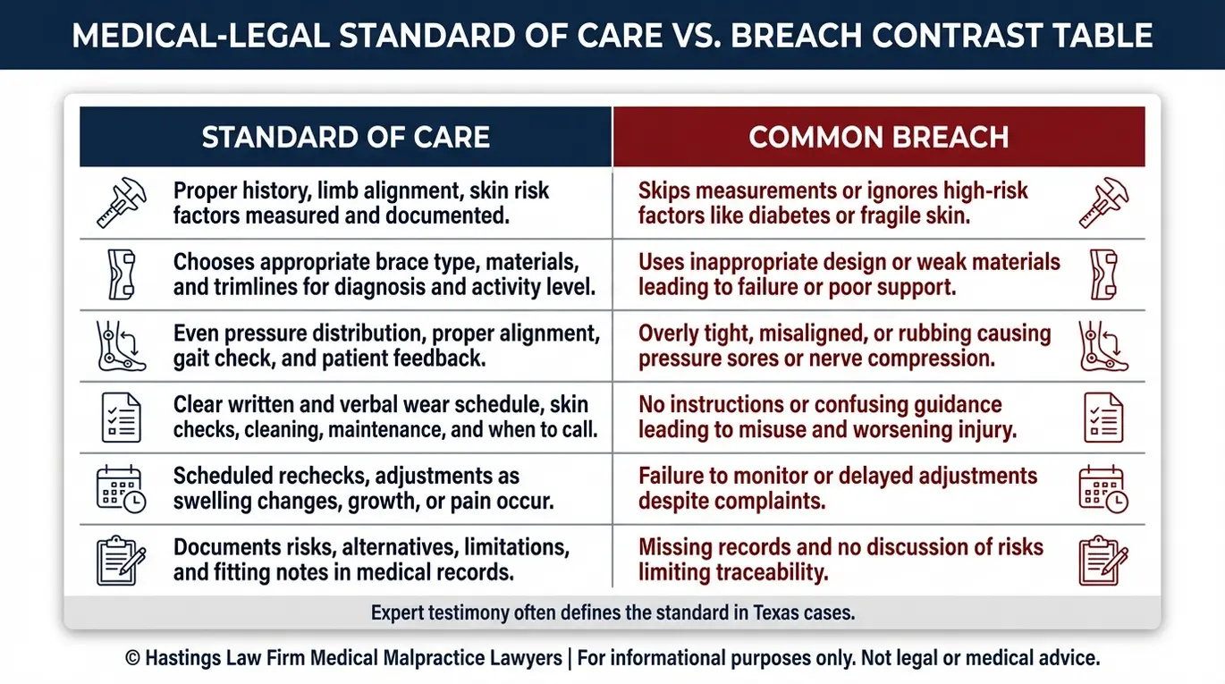 Comparison chart explaining standard of care versus common breaches in orthotic fitting and follow up used in a Texas Orthotist Malpractice Lawyer case evaluation.