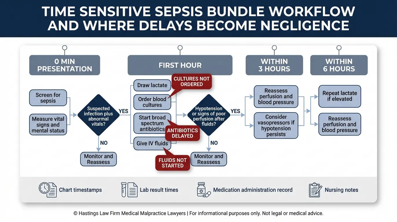Diagrama de flujo del proceso de la línea de tiempo del paquete de sepsis que muestra los pasos críticos y los puntos de retraso relevantes para la evaluación de un abogado de Arizona especializado en mala praxis en sepsis.