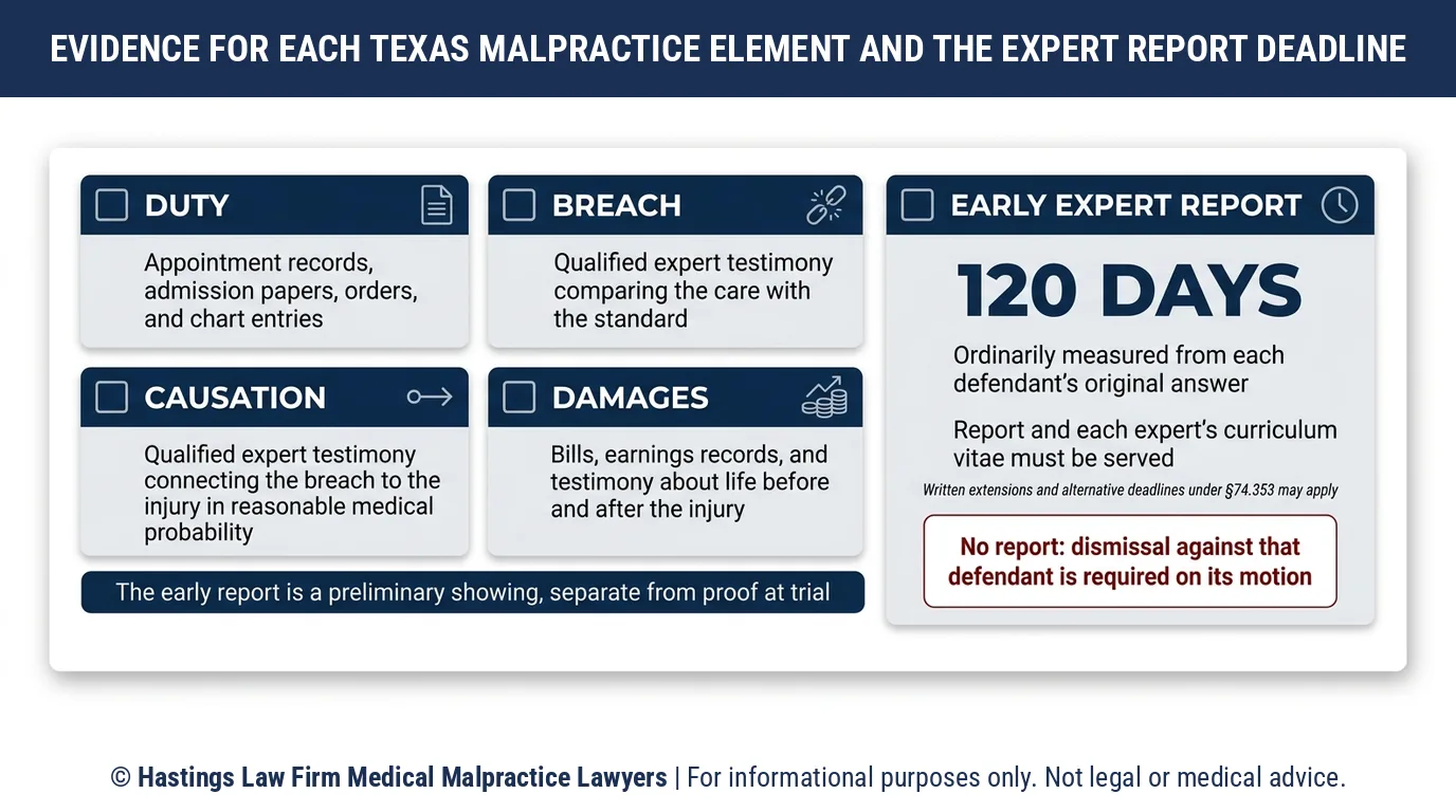 What evidence does a medical malpractice claim in Texas need, and when is the expert report due.