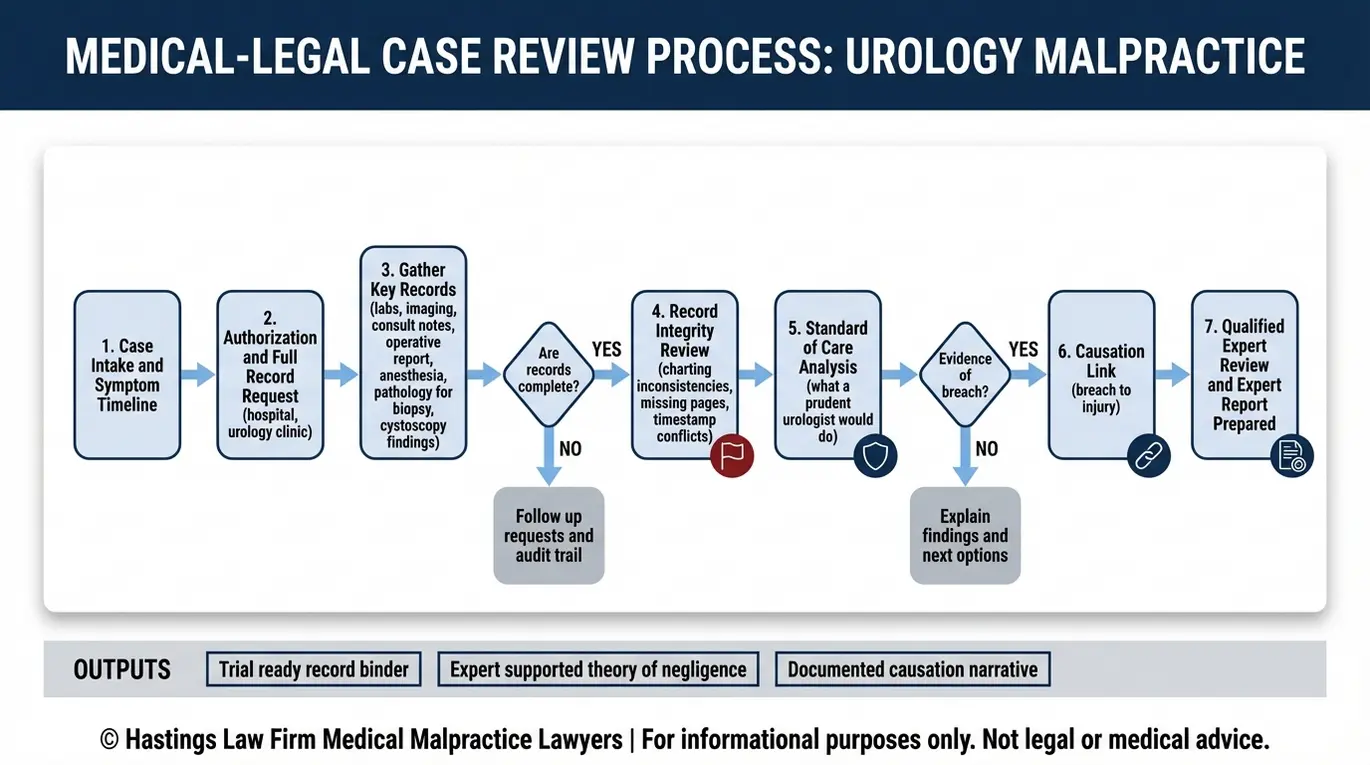 Diagrama de flujo que muestra cómo un abogado especializado en negligencia médica urológica de Texas elabora una demanda por negligencia médica urológica, desde la recopilación de la historia clínica hasta la revisión de los estándares de atención, el análisis de causalidad y la preparación del informe pericial.