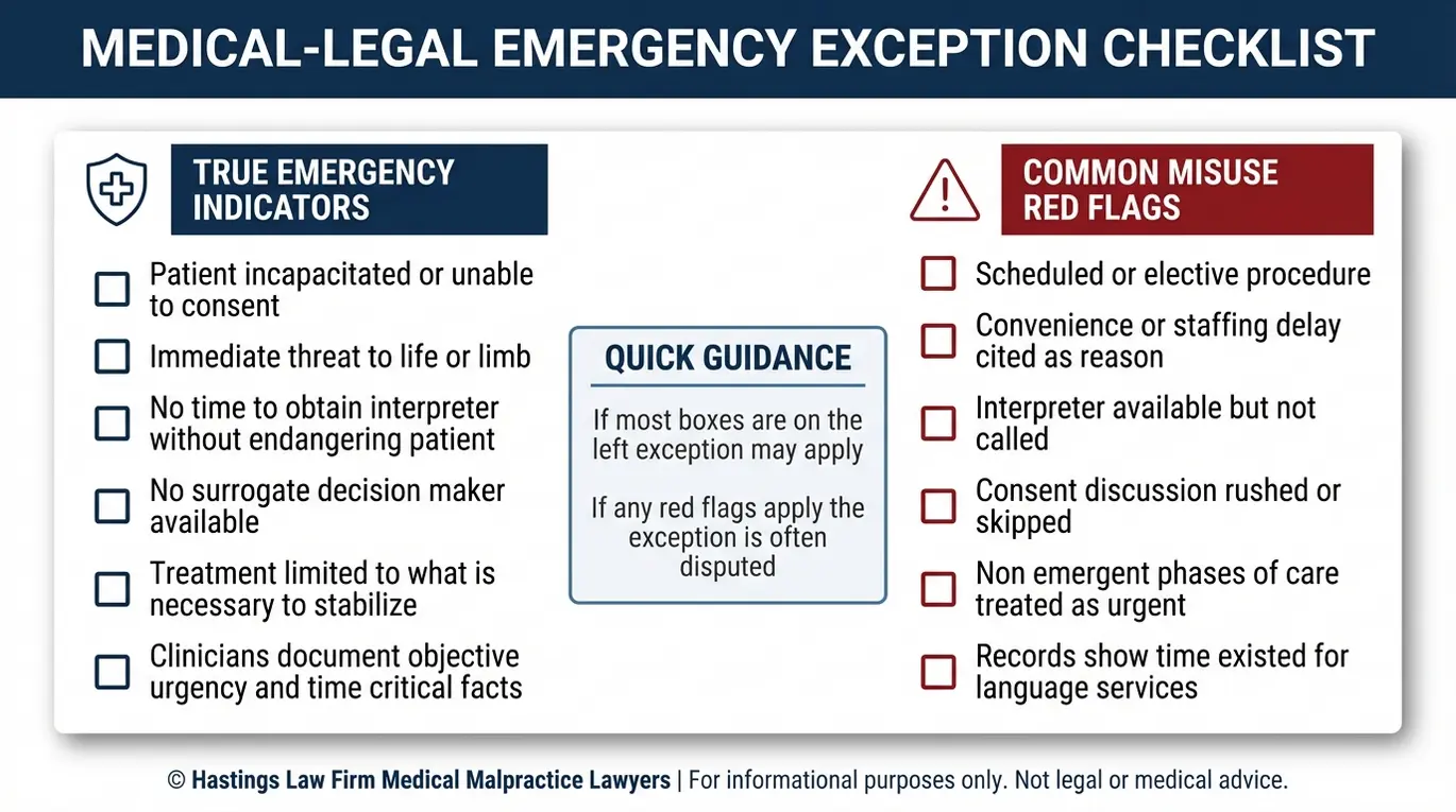 Lista de verificación de advertencias sobre el consentimiento implícito en situaciones de emergencia en Arizona, en la que se explica cuándo puede justificarse la falta de un intérprete y cuáles son las señales de alerta que respaldan una demanda, revisada por un abogado especializado en casos de falta de intérprete en el consentimiento informado en Arizona.