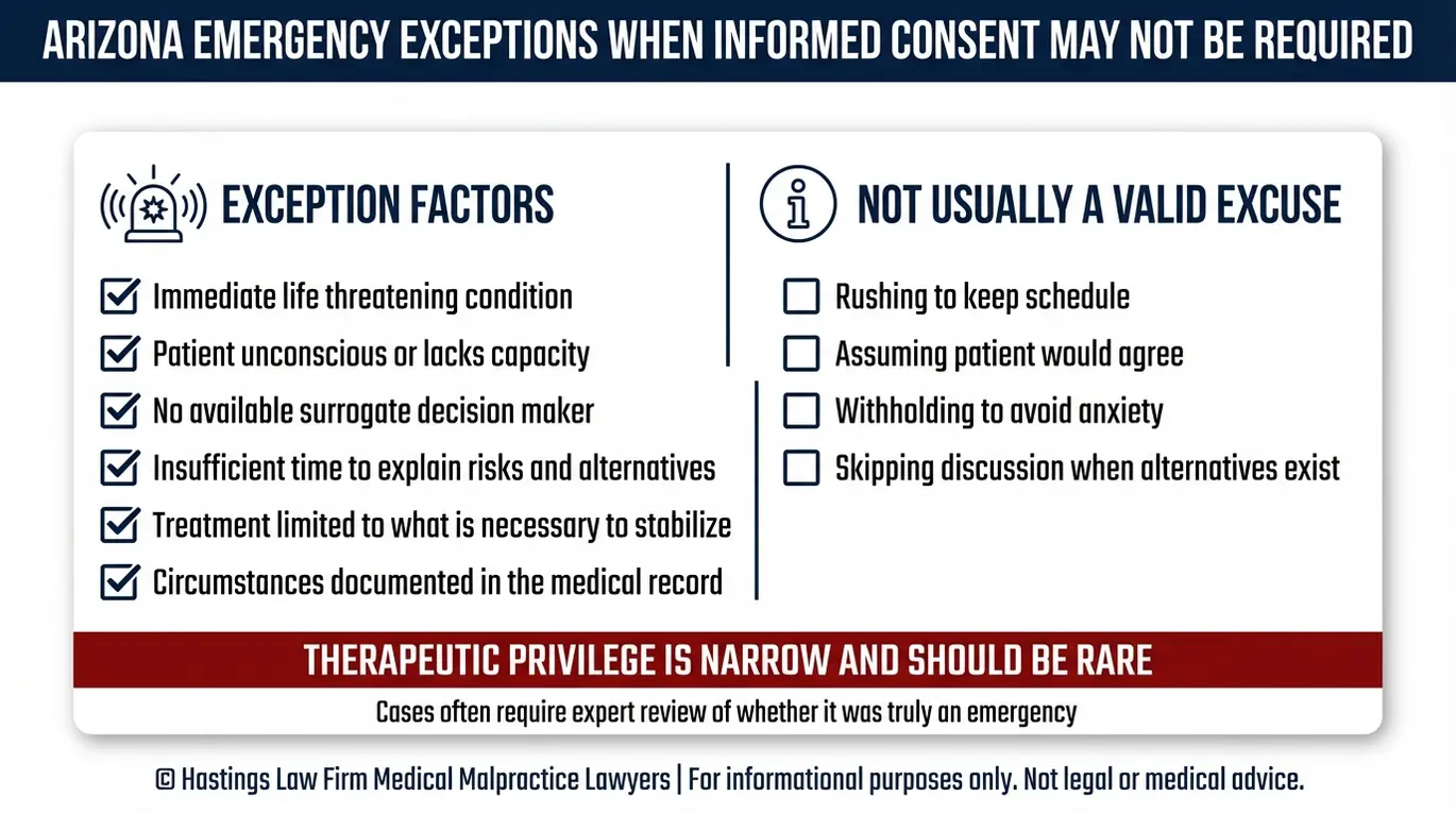Warning checklist for Arizona Failure to Obtain Informed Consent Lawyer research listing emergency exception factors and common invalid excuses when doctors claim they did not need patient consent.