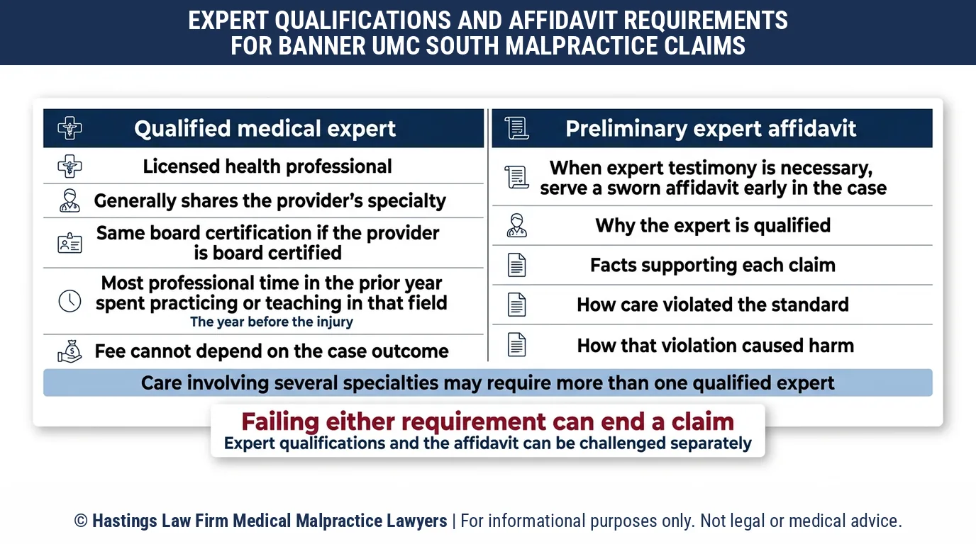 How does a hospital negligence lawyer find a qualified medical expert for a Banner University Medical Center South claim in Arizona.