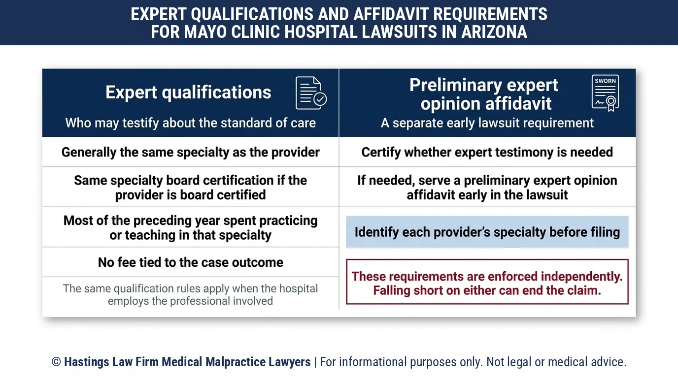 ¿Necesita mi abogado especialista en negligencia hospitalaria un experto de la misma especialidad para demandar al Hospital Mayo Clinic en Arizona?.