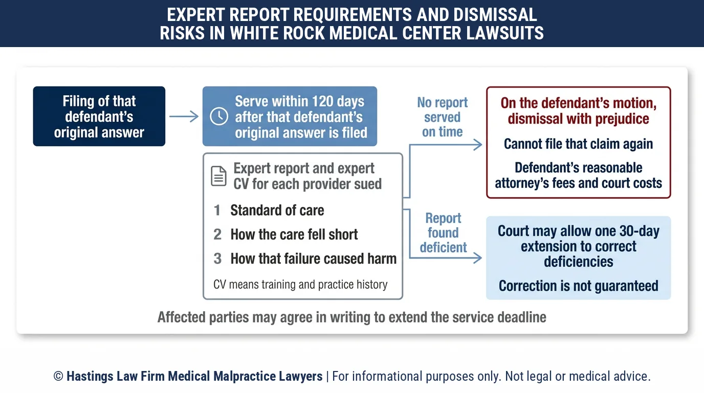 Why does a hospital negligence lawyer need an expert report within 120 days to keep a White Rock Medical Center case alive in Texas.