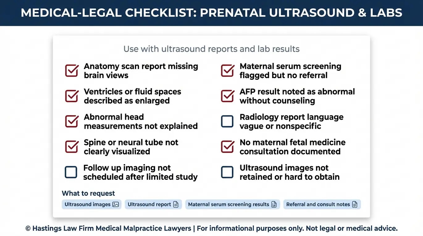 Warning checklist for parents reviewing prenatal ultrasound and AFP screening red flags that may support an Arizona Infant Brain Anomaly Misdiagnosis Lawyer evaluation of a missed brain defect diagnosis.