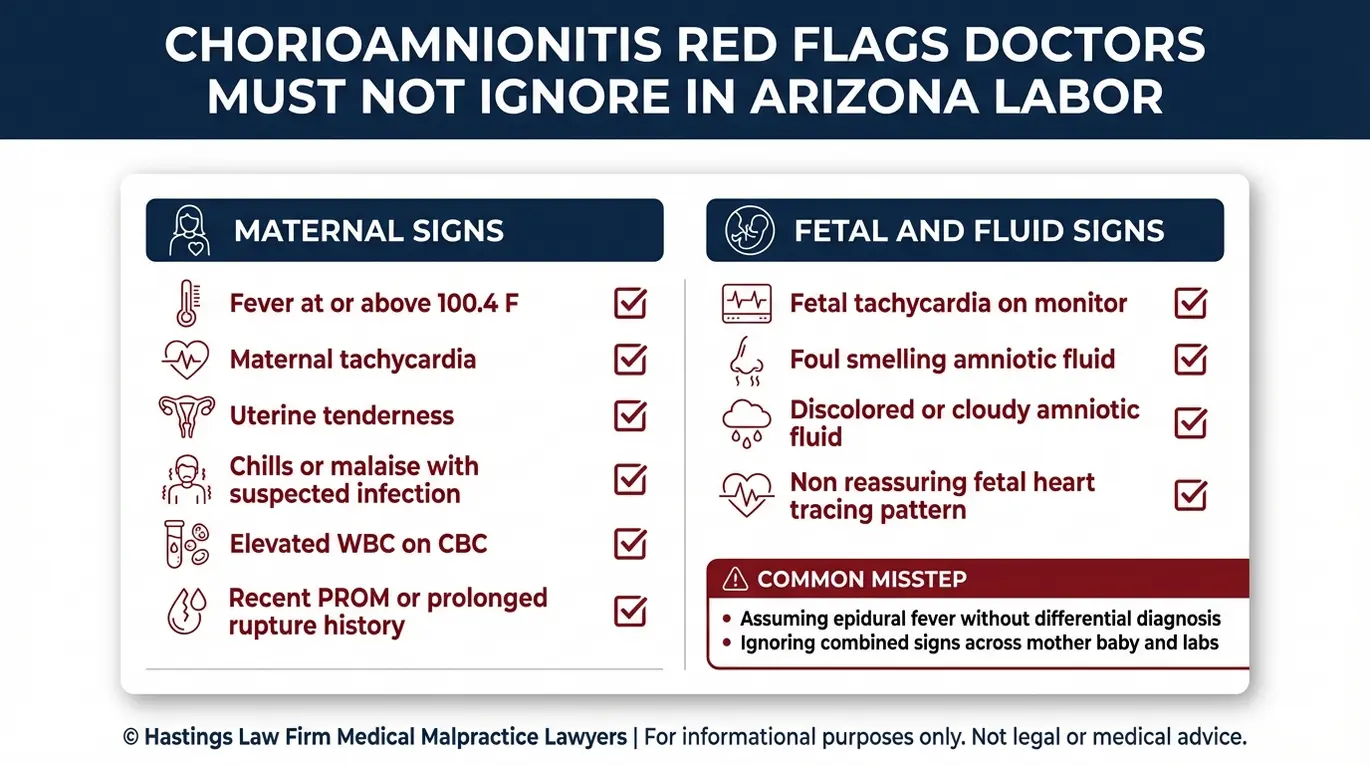 Lista de síntomas de alerta y pruebas que utiliza un abogado especializado en lesiones por corioamnionitis materna de Arizona para evaluar la falta de diagnóstico de una infección materna durante el parto.
