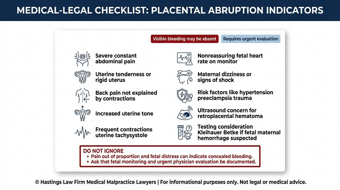 Warning checklist of concealed placental abruption signs including uterine tenderness back pain rigid uterus nonreassuring fetal heart rate and testing considerations for a Texas Placental Abruption Lawyer reference.