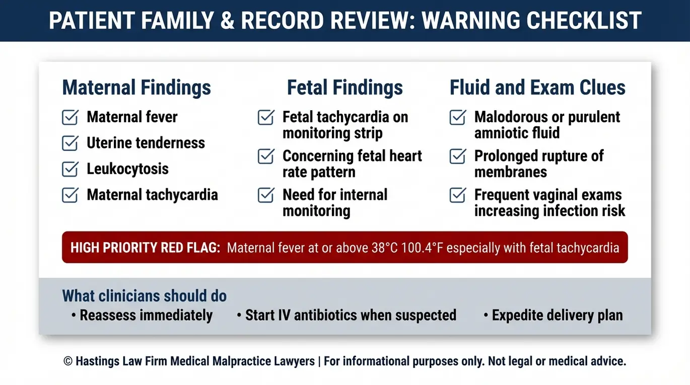 Lista de verificación de criterios clínicos no cumplidos en los casos de abogados especializados en corioamnionitis no tratada en Arizona, entre los que se incluyen fiebre materna, taquicardia fetal, líquido amniótico anormal y rotura prolongada de membranas.