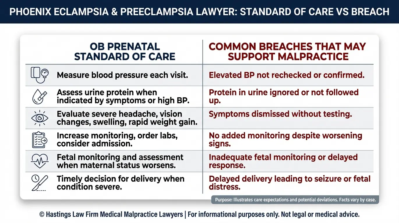 Comparison chart showing prenatal standard of care versus breaches relevant to a Phoenix Eclampsia and Preeclampsia Lawyer claim including blood pressure checks, urine protein testing, symptom response, escalation, fetal monitoring, and timely delivery.