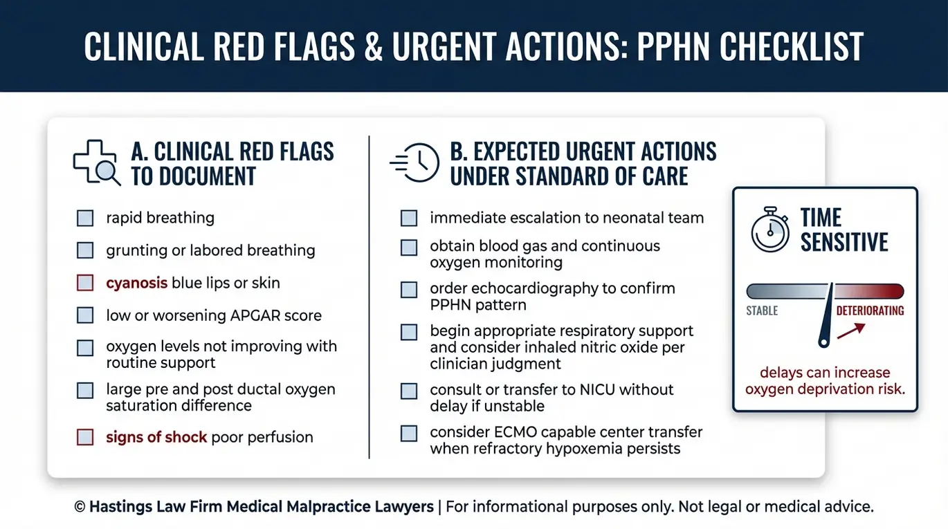 Lista de verificación de los síntomas de la HPPN y medidas de atención médica urgentes que utiliza un abogado especializado en hipertensión pulmonar persistente de Arizona al revisar los registros de la UCIN y del parto.