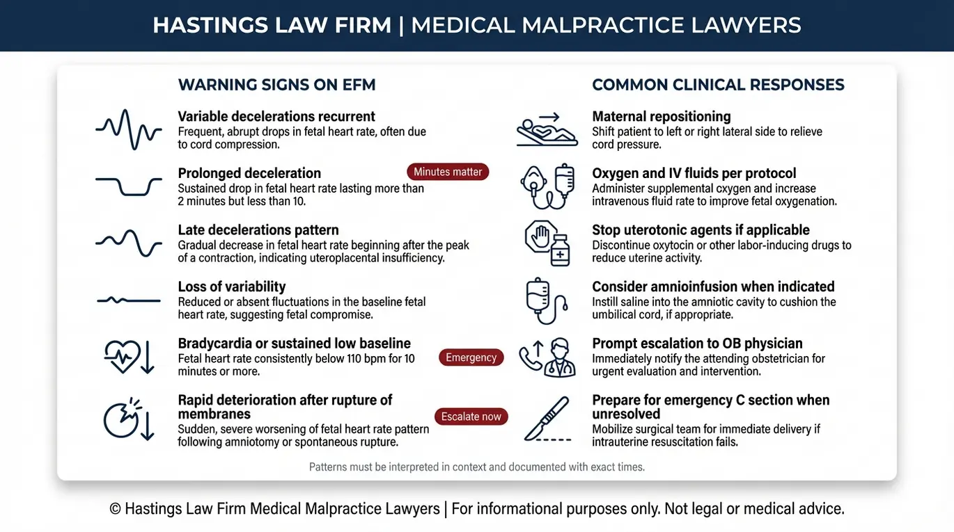 Warning checklist summarizing EFM fetal distress signs from cord compression and the immediate interventions that may be expected in an Arizona Umbilical Cord Entrapment Lawyer evaluation.