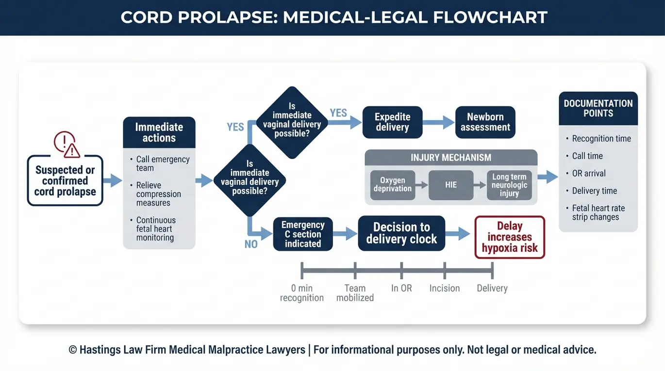 Process flowchart showing umbilical cord prolapse emergency response decision points and decision to delivery timeline linking delay to hypoxia and HIE for Texas Umbilical Cord Prolapse Negligence Lawyer research.