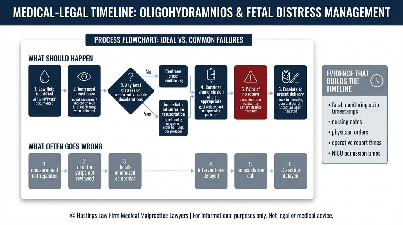 Process flowchart showing escalation steps from low amniotic fluid to fetal distress response and urgent delivery used by a Texas Low Amniotic Fluid Birth Injury Lawyer to explain delayed C section issues.