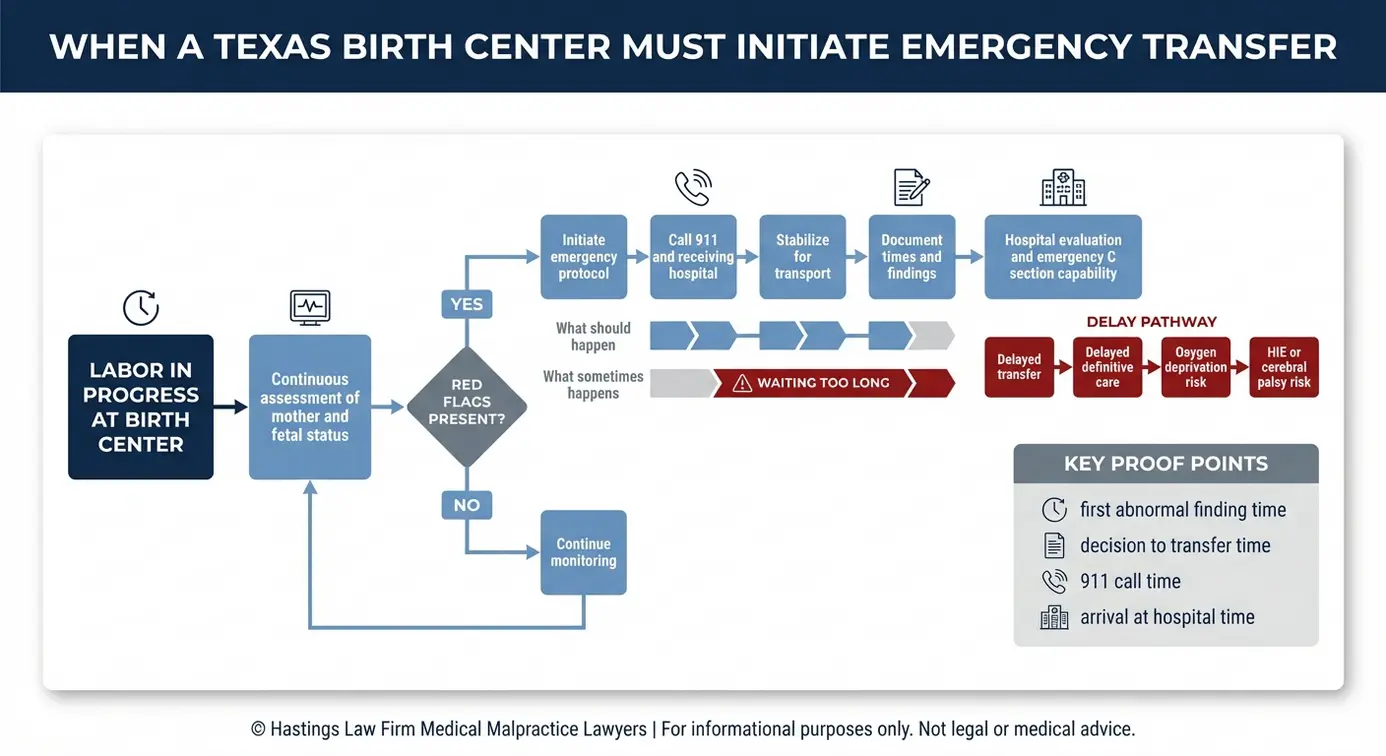 Emergency transfer decision flowchart showing delay points and injury pathway used by a Texas Birthing Center Malpractice Lawyer to evaluate liability.
