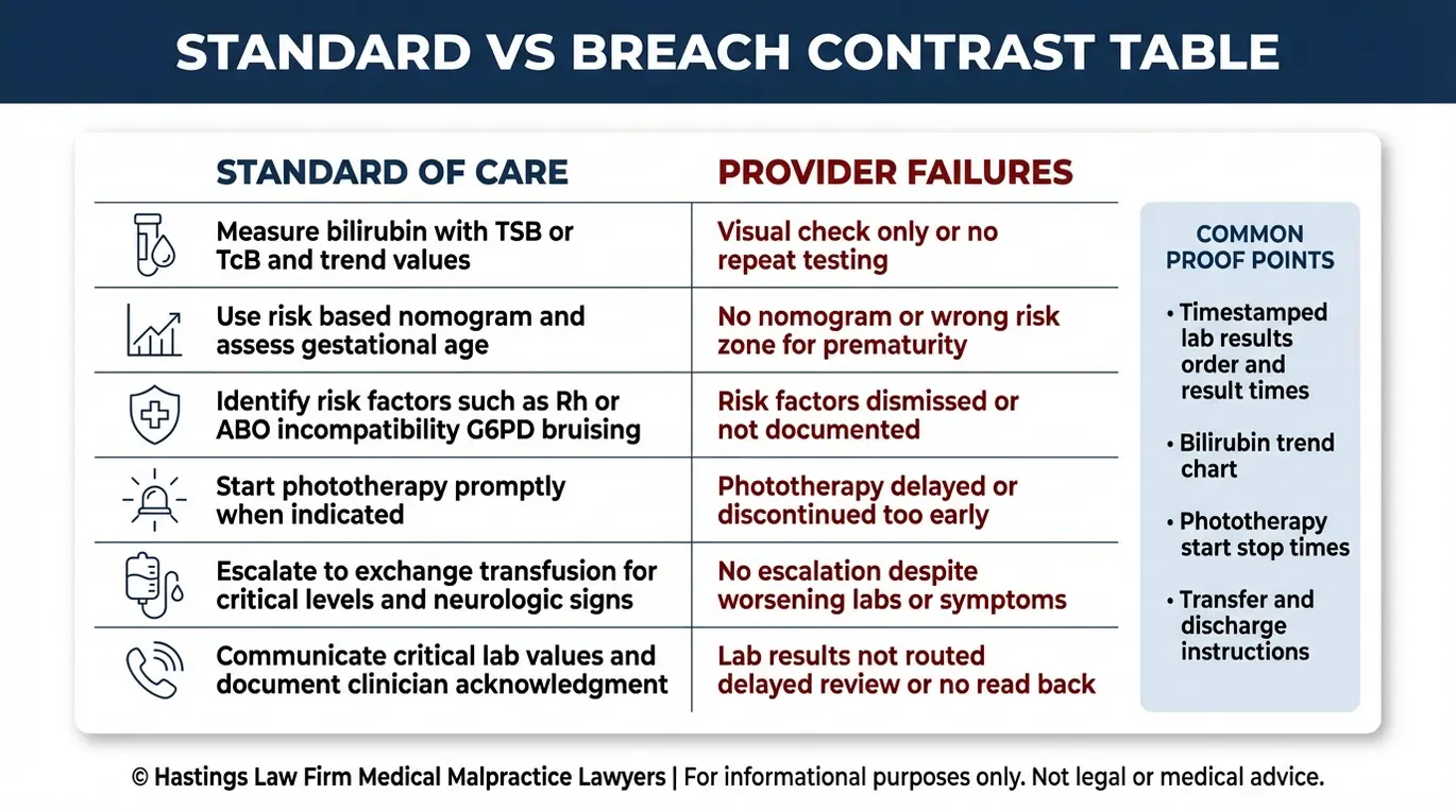 Tabla comparativa que enumera los estándares de atención frente a los incumplimientos de los proveedores en casos de ictericia grave del recién nacido, que un abogado especializado en negligencia médica por kernicterus de Texas revisa para demostrar la negligencia médica.