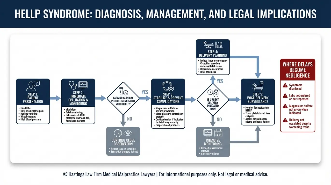 Diagrama de flujo del proceso que muestra un cronograma de gestión del síndrome HELLP que revisa un abogado especializado en negligencias relacionadas con el síndrome HELLP de Arizona, incluido el reconocimiento de los síntomas, las pruebas de laboratorio, las decisiones sobre el parto con sulfato de magnesio y la supervisión posparto.