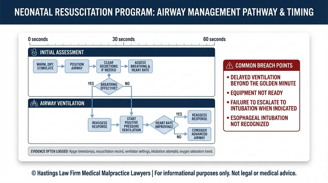 Flowchart summarizing the Neonatal Resuscitation Program Golden Minute steps and decision points used by a Texas Infant Delayed Airway Management Lawyer to evaluate delayed ventilation and intubation errors.