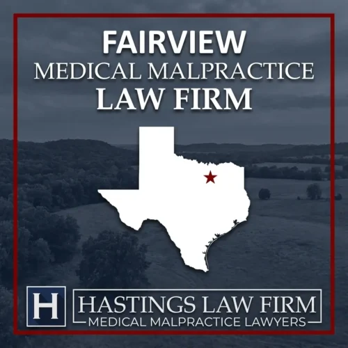 Los mejores abogados de negligencia médica en Fairview Texas Una escena del paisaje de Fairview Texas. Una estrella roja señala el lugar donde los abogados locales de negligencia médica han ayudado a pacientes lesionados. El logotipo de The Hastings Law Firm aparece en la parte inferior.